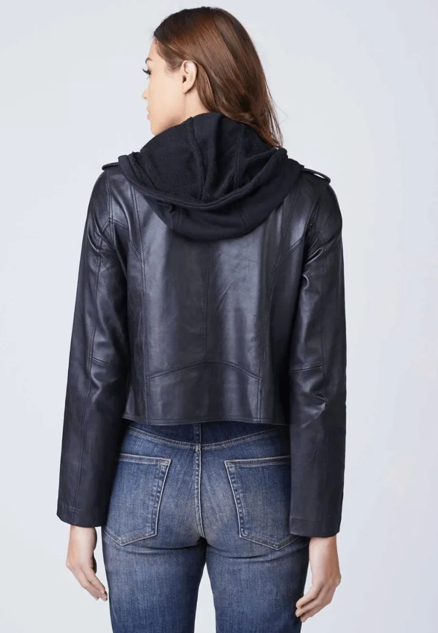 Versatile Women's Black Leather Jacket with Removable Hood