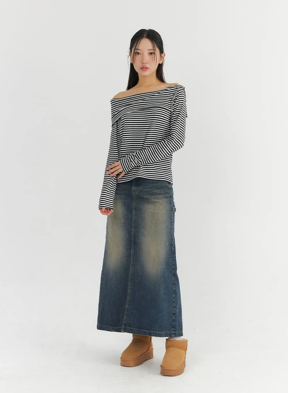 Vintage Washed Denim Maxi Skirt CO324