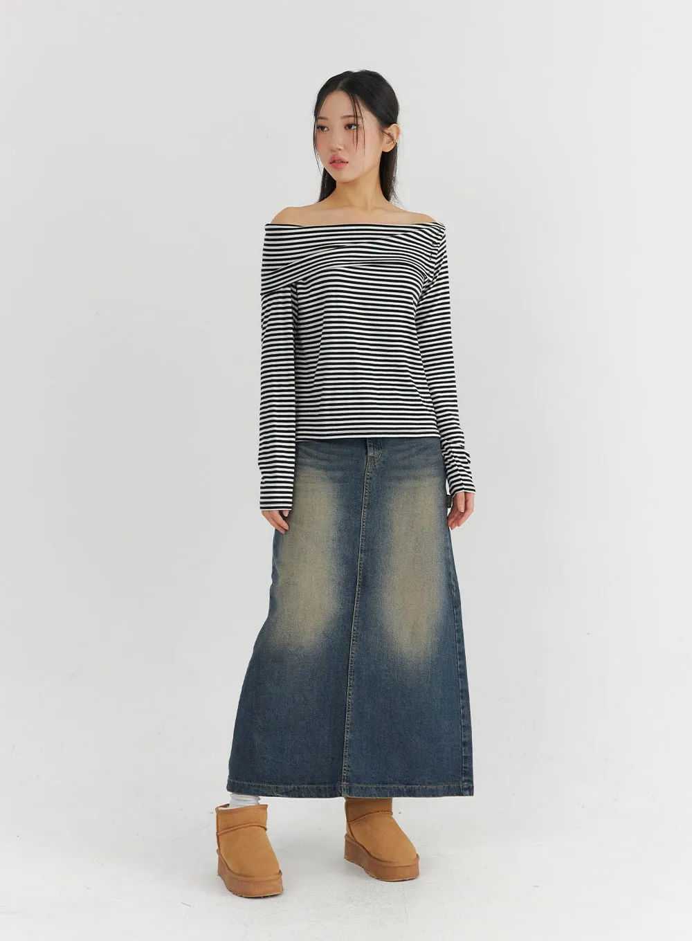 Vintage Washed Denim Maxi Skirt CO324