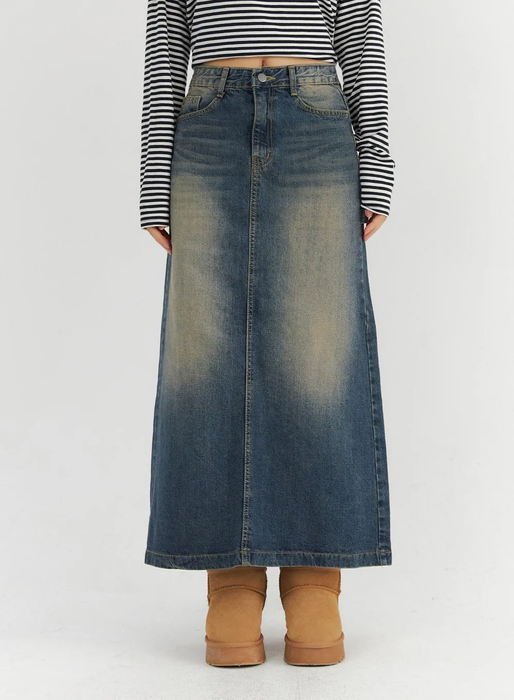 Vintage Washed Denim Maxi Skirt CO324