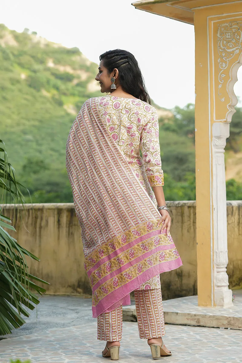 White Cotton Ethnic Motifs Printed Straight Suit Set