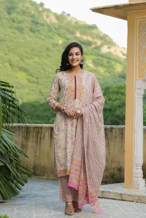 White Cotton Ethnic Motifs Printed Straight Suit Set