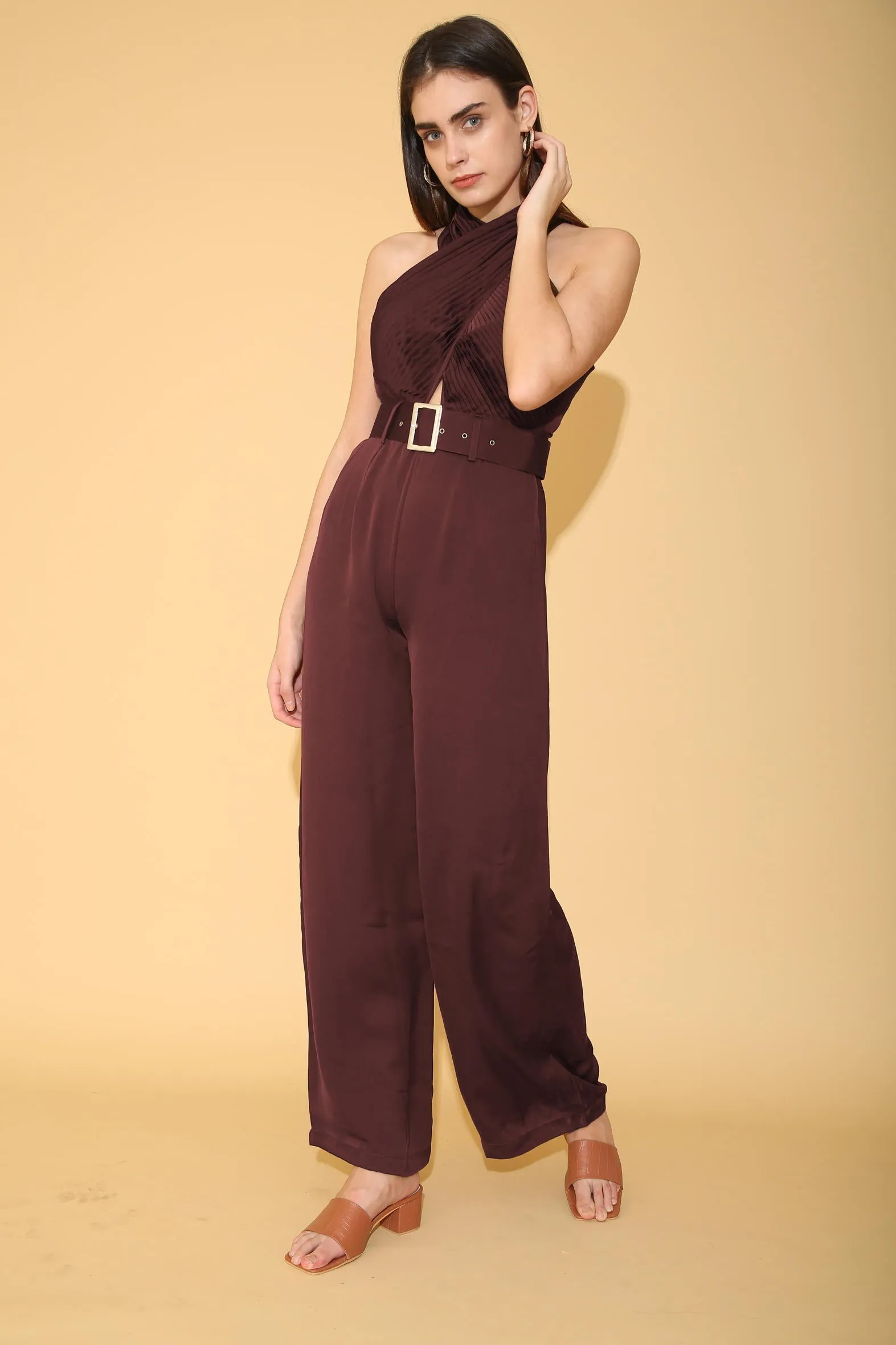 Wine Pleated Torso Jumpsuit