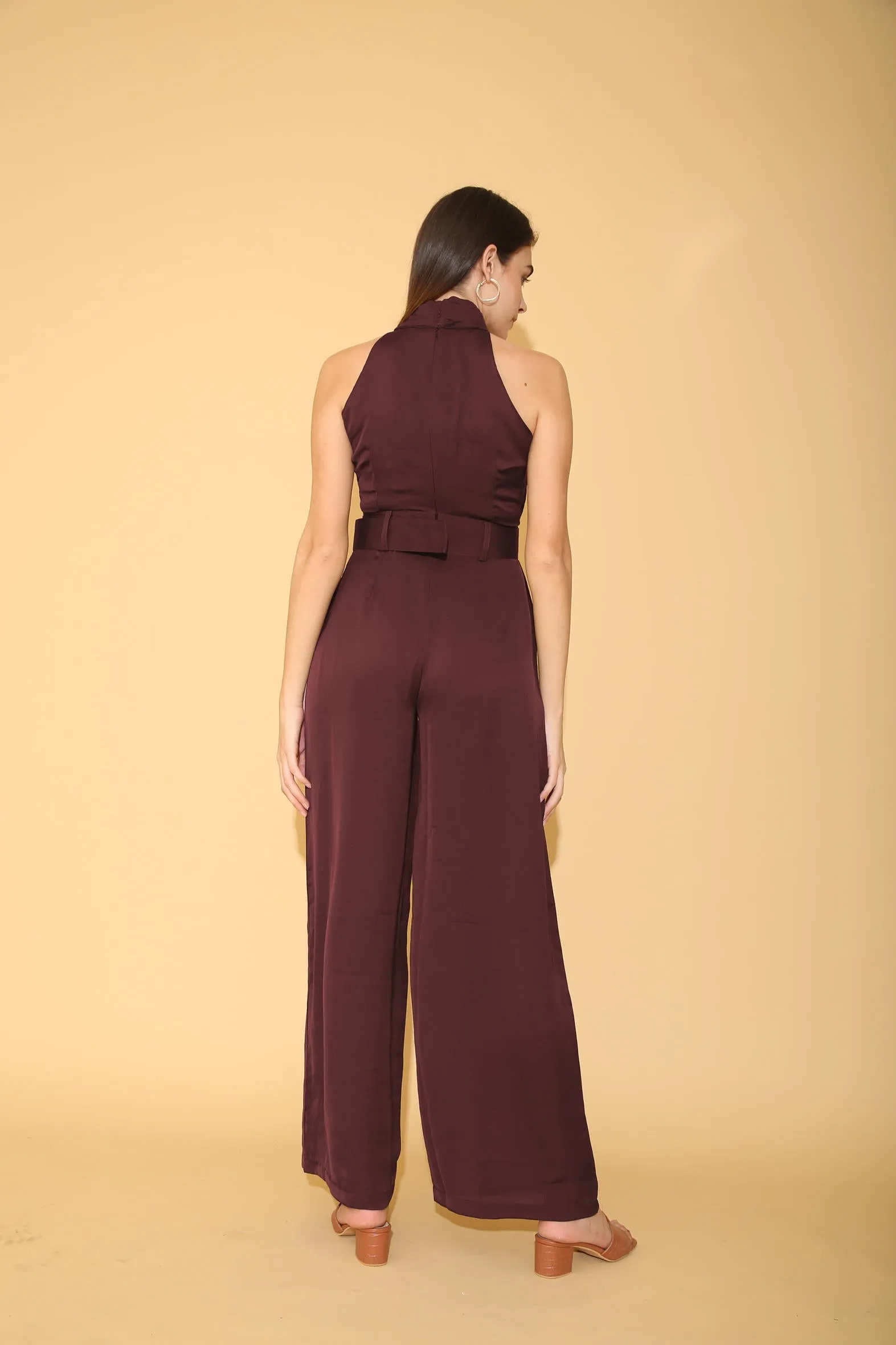 Wine Pleated Torso Jumpsuit