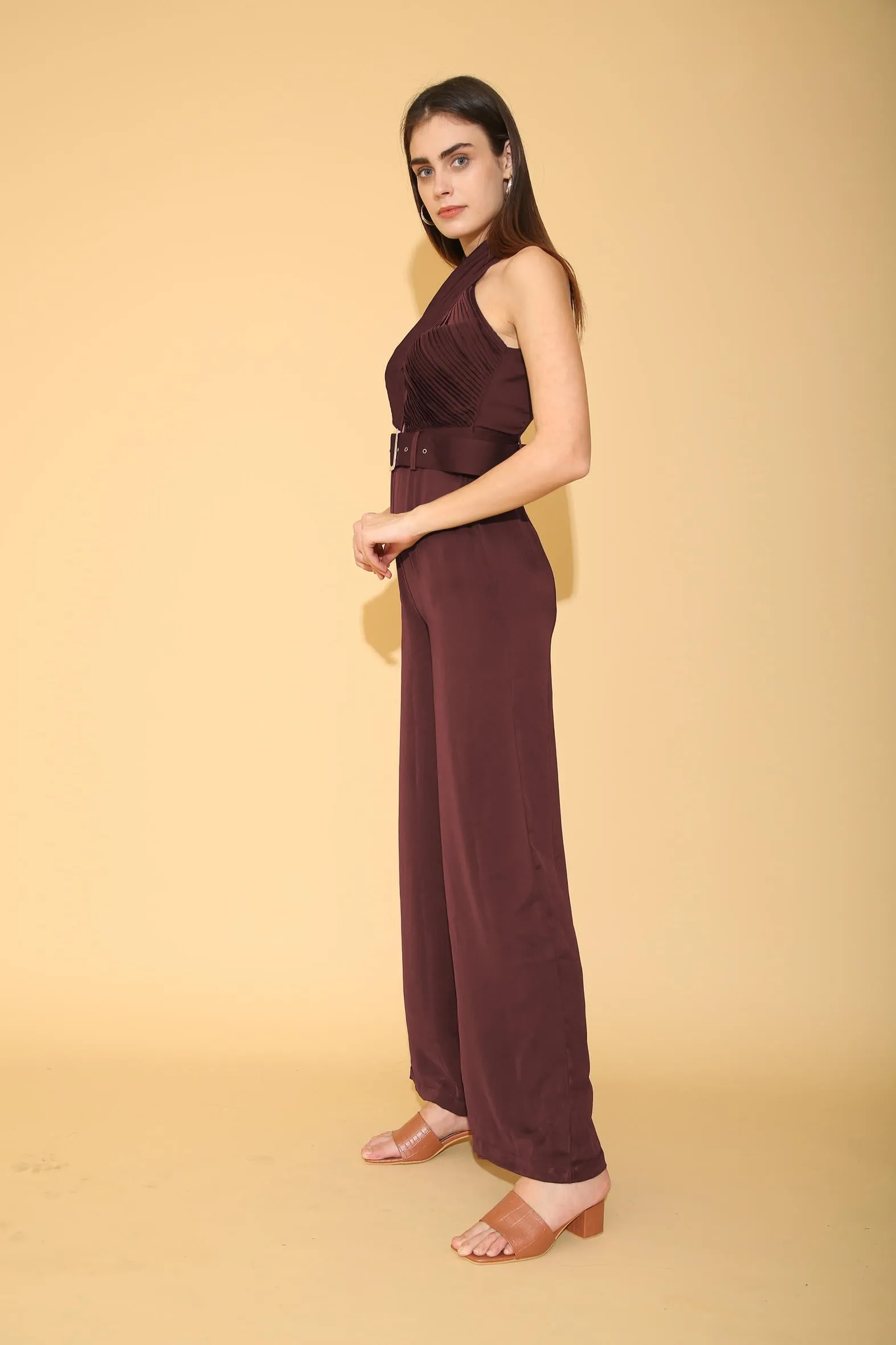 Wine Pleated Torso Jumpsuit