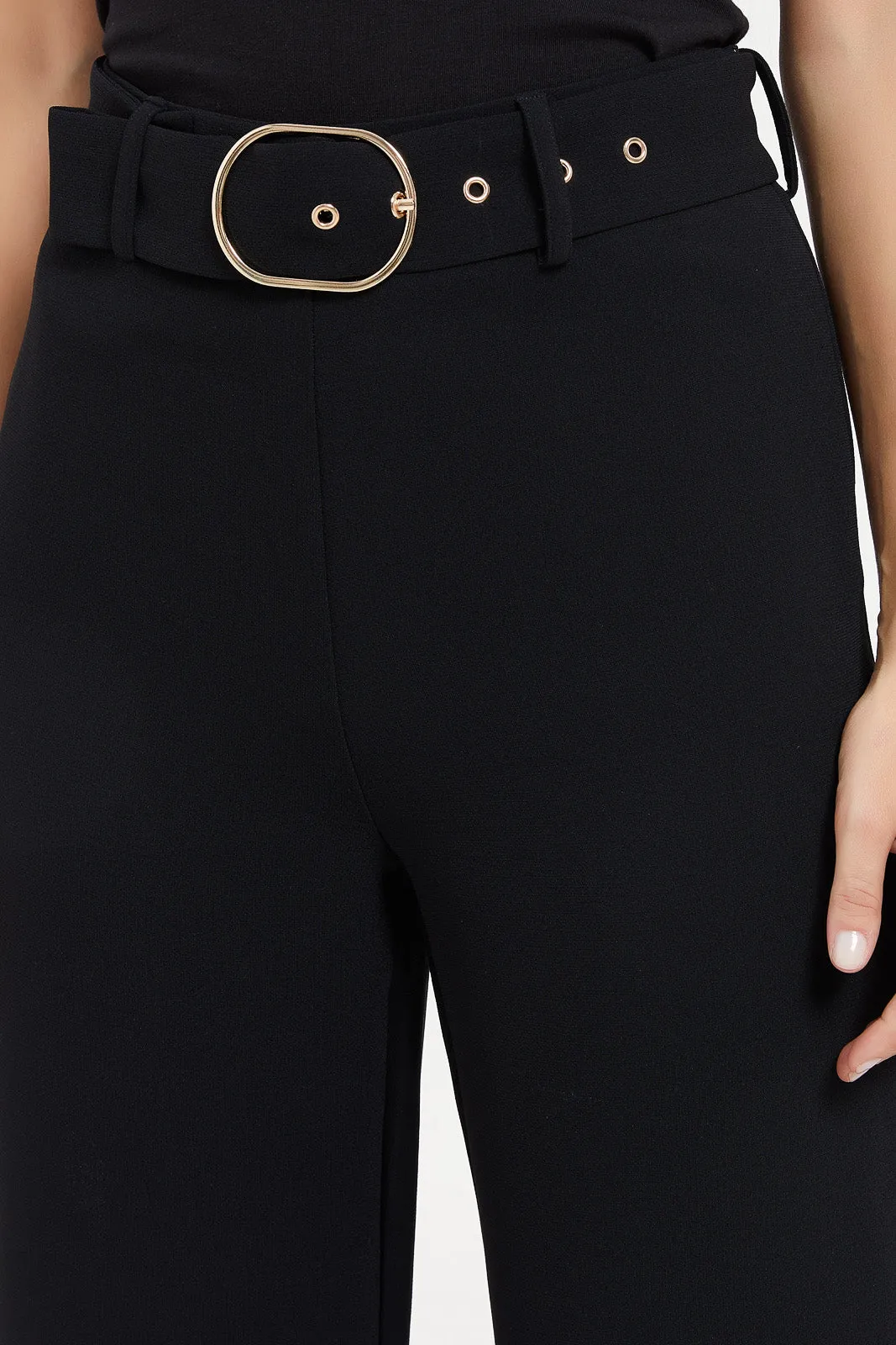 Women Black Cropped Wide Leg Trouser With Belt