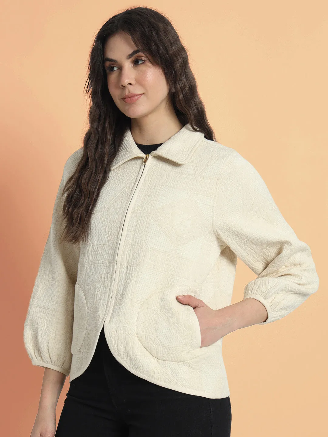 Women Cotton Jacquard Cream Jacket