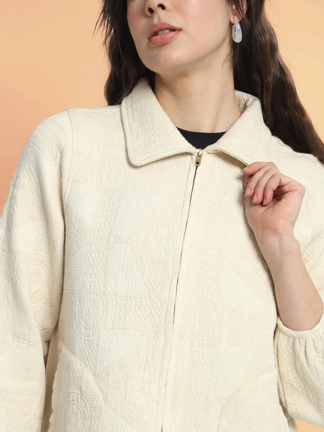 Women Cotton Jacquard Cream Jacket