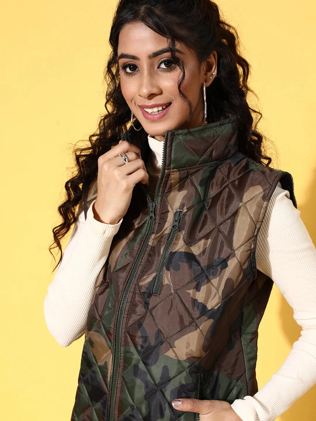 Women Green Camouflage Sleeveless Puffer Jacket