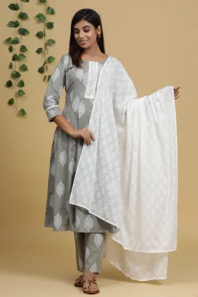 Women Grey Printed Dupatta Set