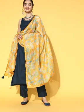 Women Navy Blue Solid Thread Work Kurta With Trousers & With Digital Print Dupatta