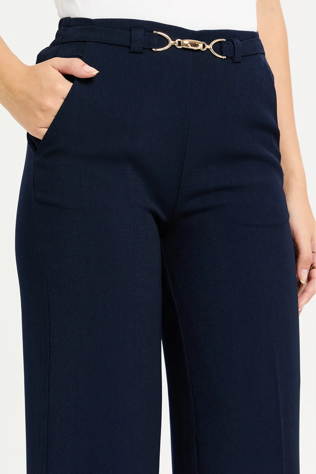 Women Navy Gold Pendant Belted Trouser