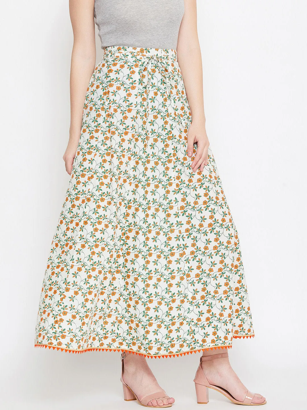 Women Off-White Orange And Green Printed Flared Maxi Skirt