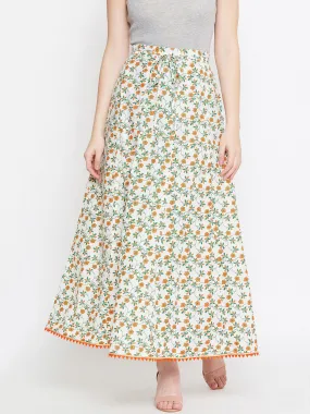 Women Off-White Orange And Green Printed Flared Maxi Skirt