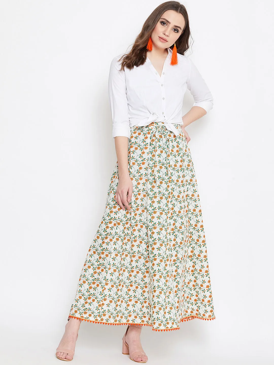 Women Off-White Orange And Green Printed Flared Maxi Skirt