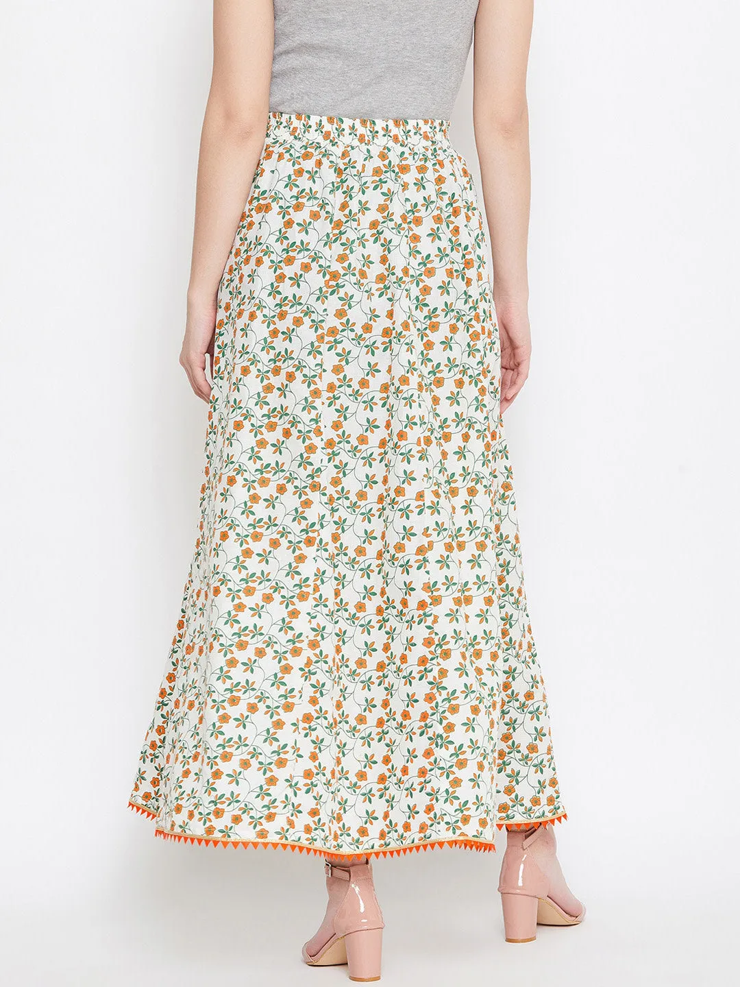 Women Off-White Orange And Green Printed Flared Maxi Skirt