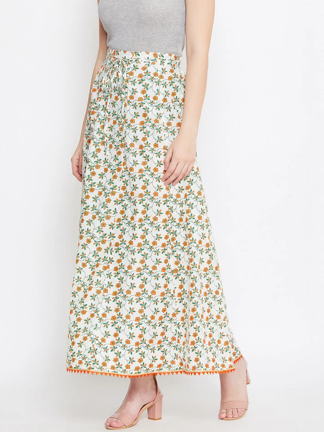 Women Off-White Orange And Green Printed Flared Maxi Skirt