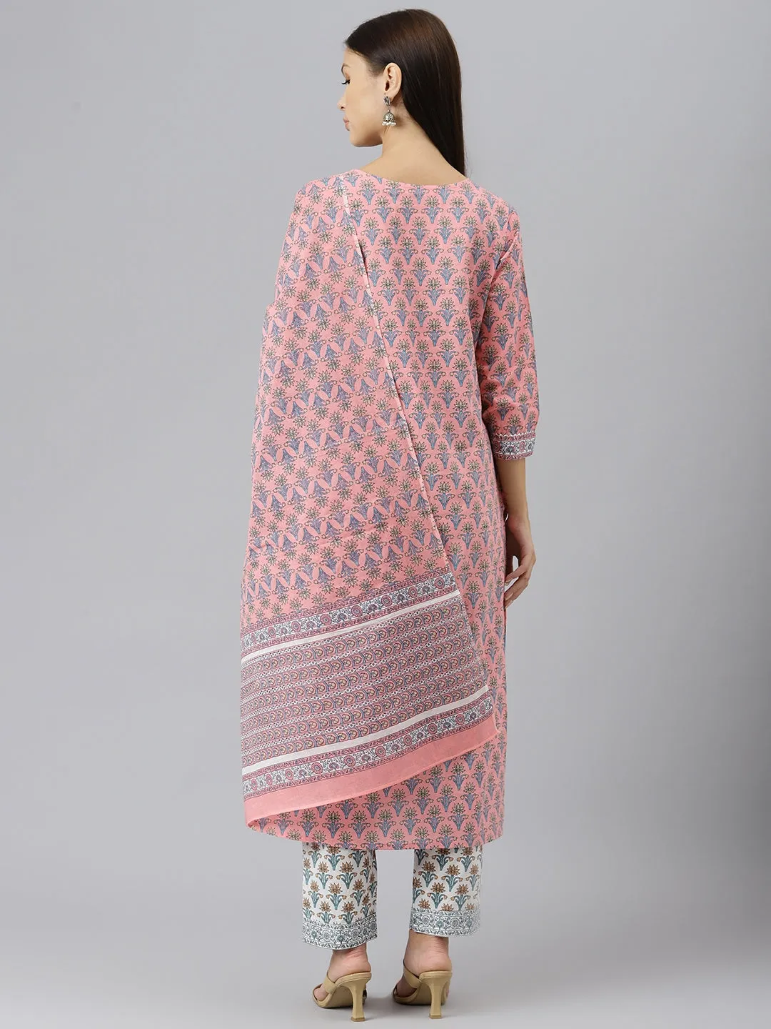 Women Pink Printed Gotta Patti Pure Cotton Kurta With Trousers & Dupatta