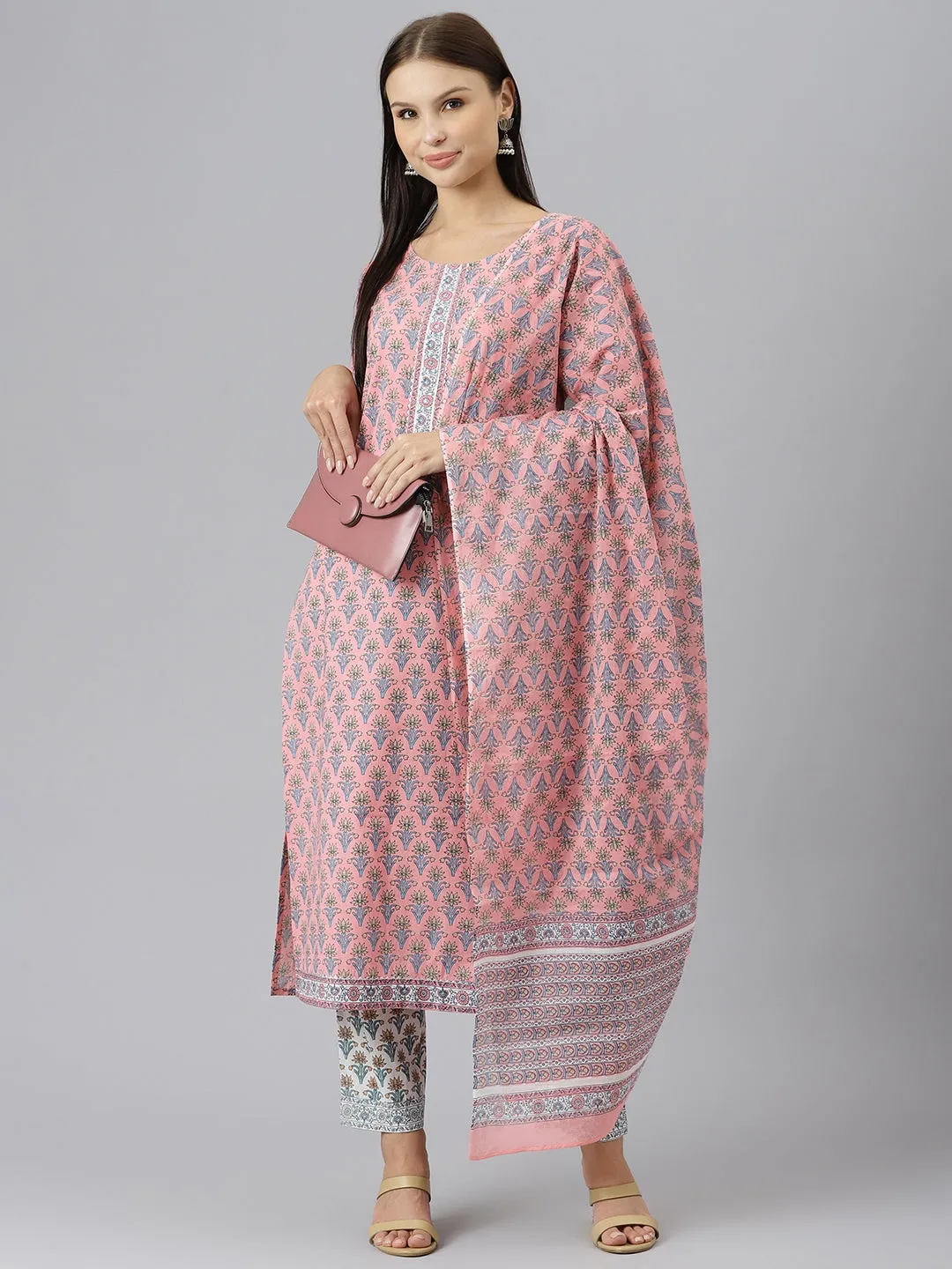 Women Pink Printed Gotta Patti Pure Cotton Kurta With Trousers & Dupatta