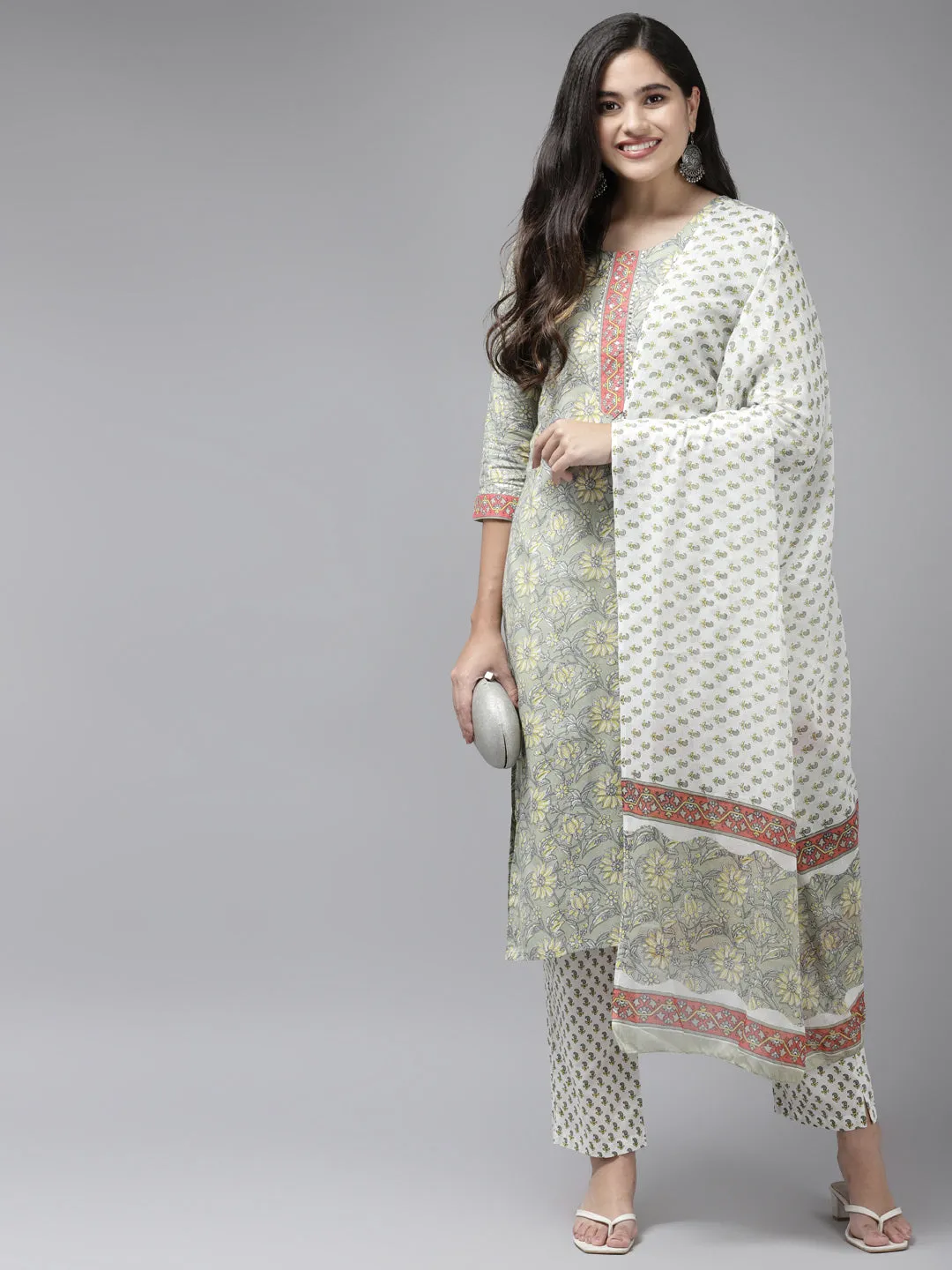 Women Sea Green Cotton Kurta Set With Dupatta