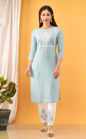 Women Sky Blue Embroidered Kurta Set