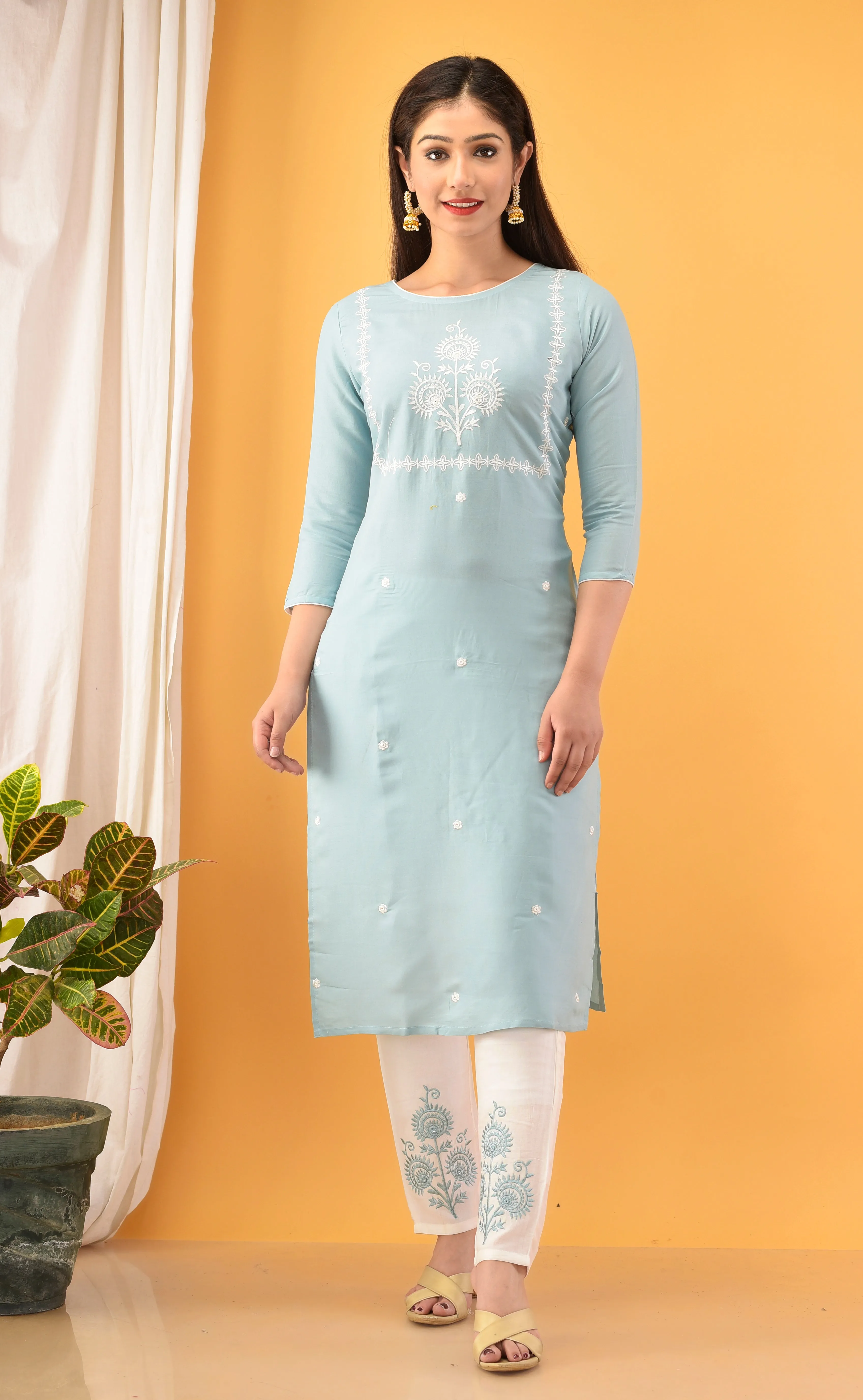 Women Sky Blue Embroidered Kurta Set