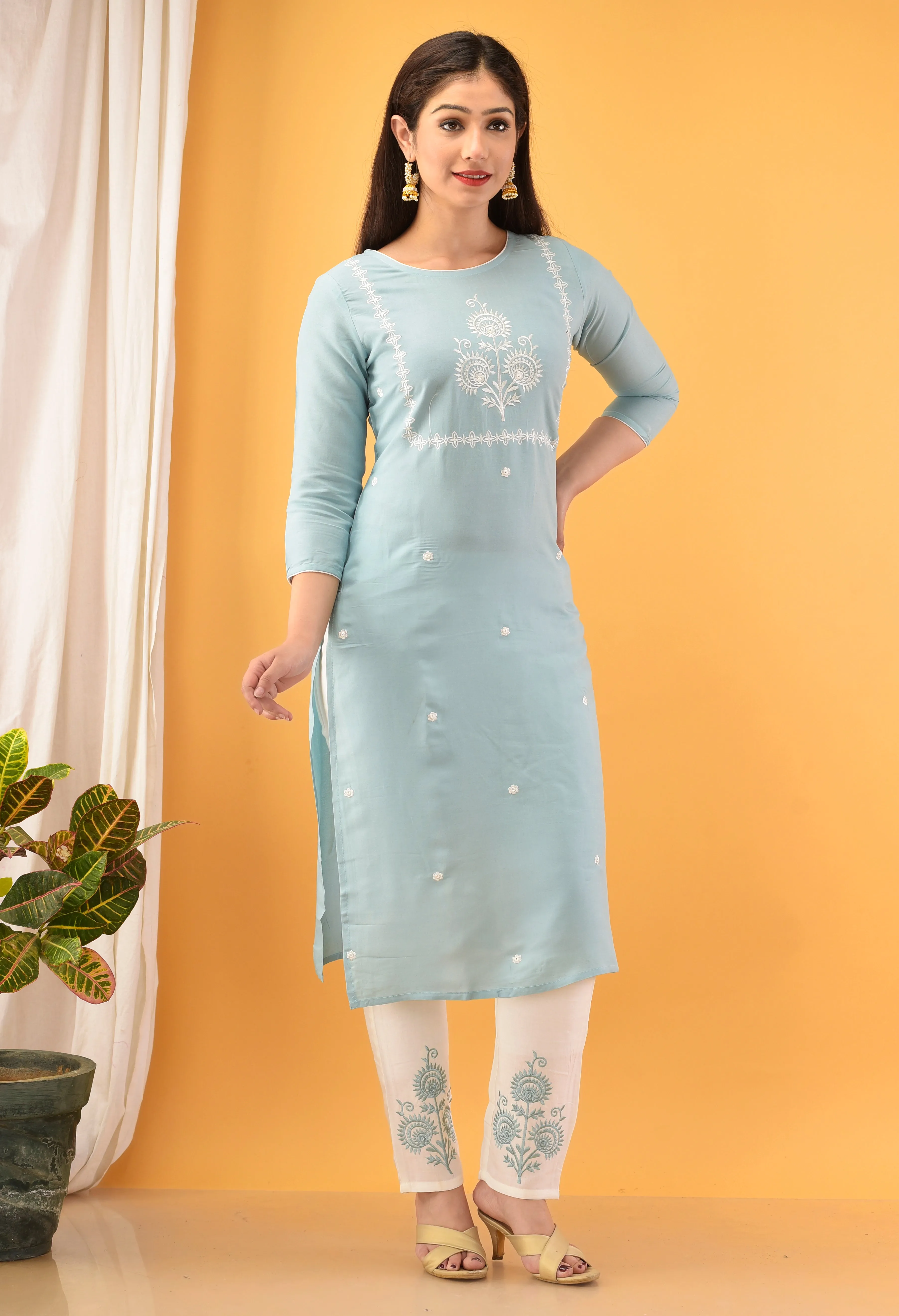 Women Sky Blue Embroidered Kurta Set