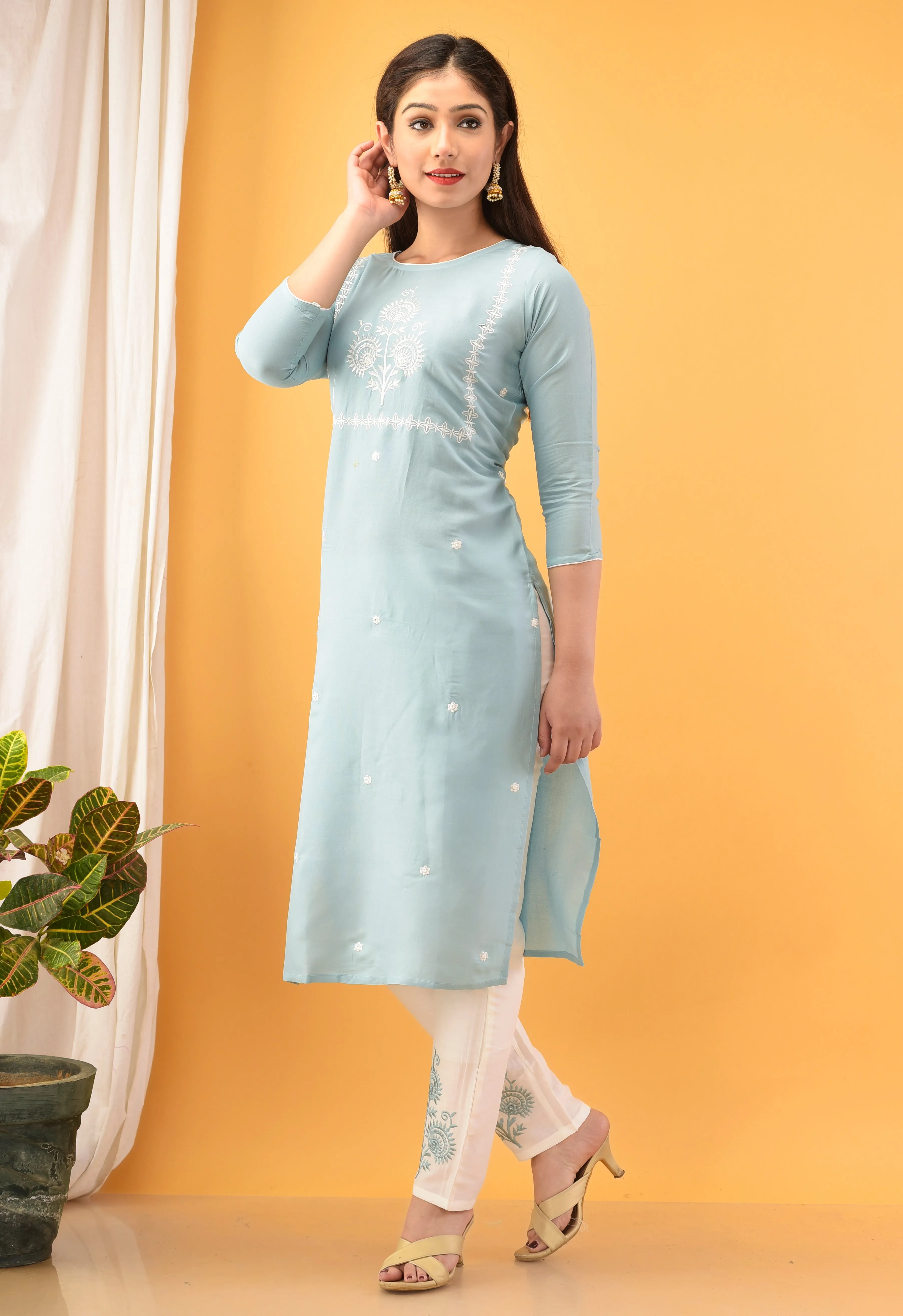 Women Sky Blue Embroidered Kurta Set