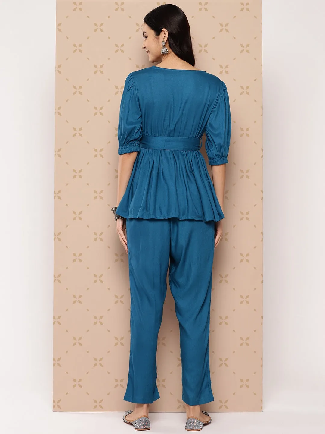 Women Teal Blue Pure Cotton Co-Ord Set