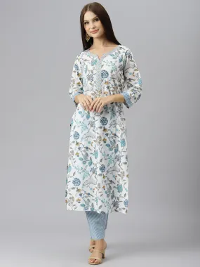 Women White Floral Printed Pure Cotton Kurta With Trousers