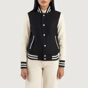 Women's Black & White Leather Hybrid Varsity Biker Jacket