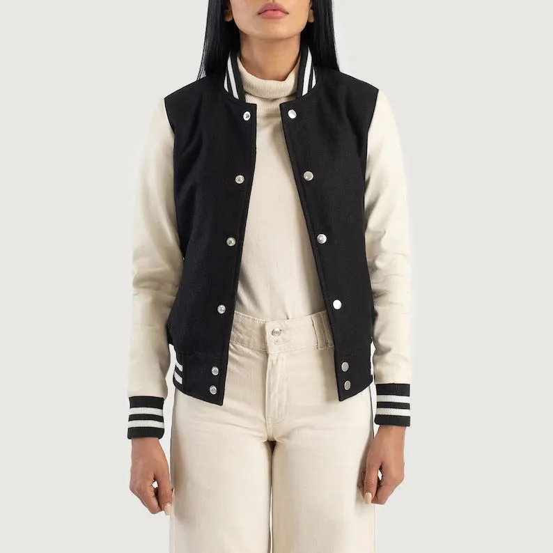 Women's Black & White Leather Hybrid Varsity Biker Jacket