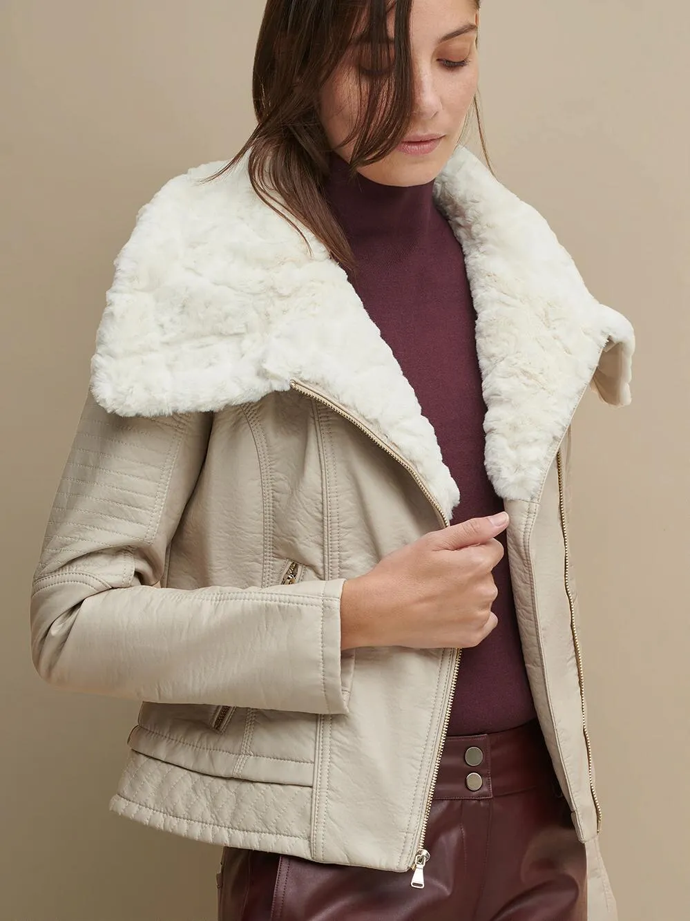 Women’s Cream Beige Leather White Shearling Big Collared Jacket