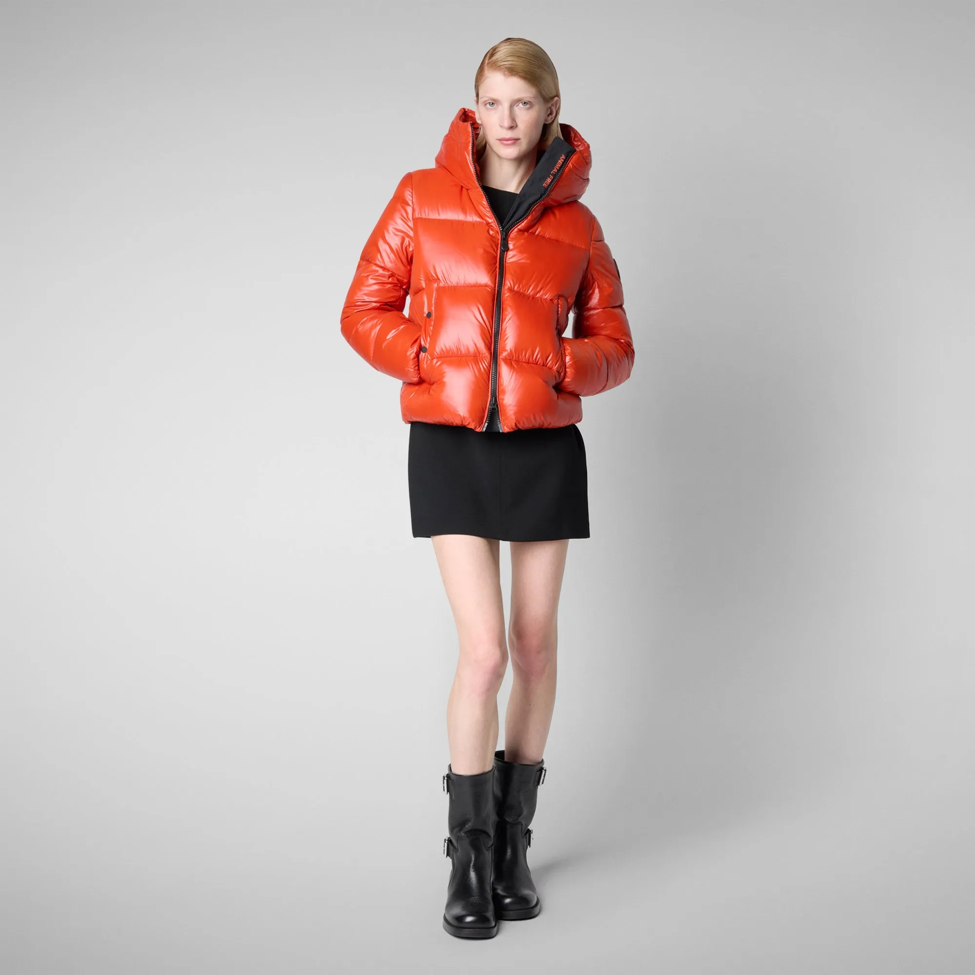 Women's Hooded Animal free Puffer Jacket Biddy in Maple Orange