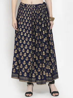 Women'S Navy Blue Floral Printed Rayon Skirt