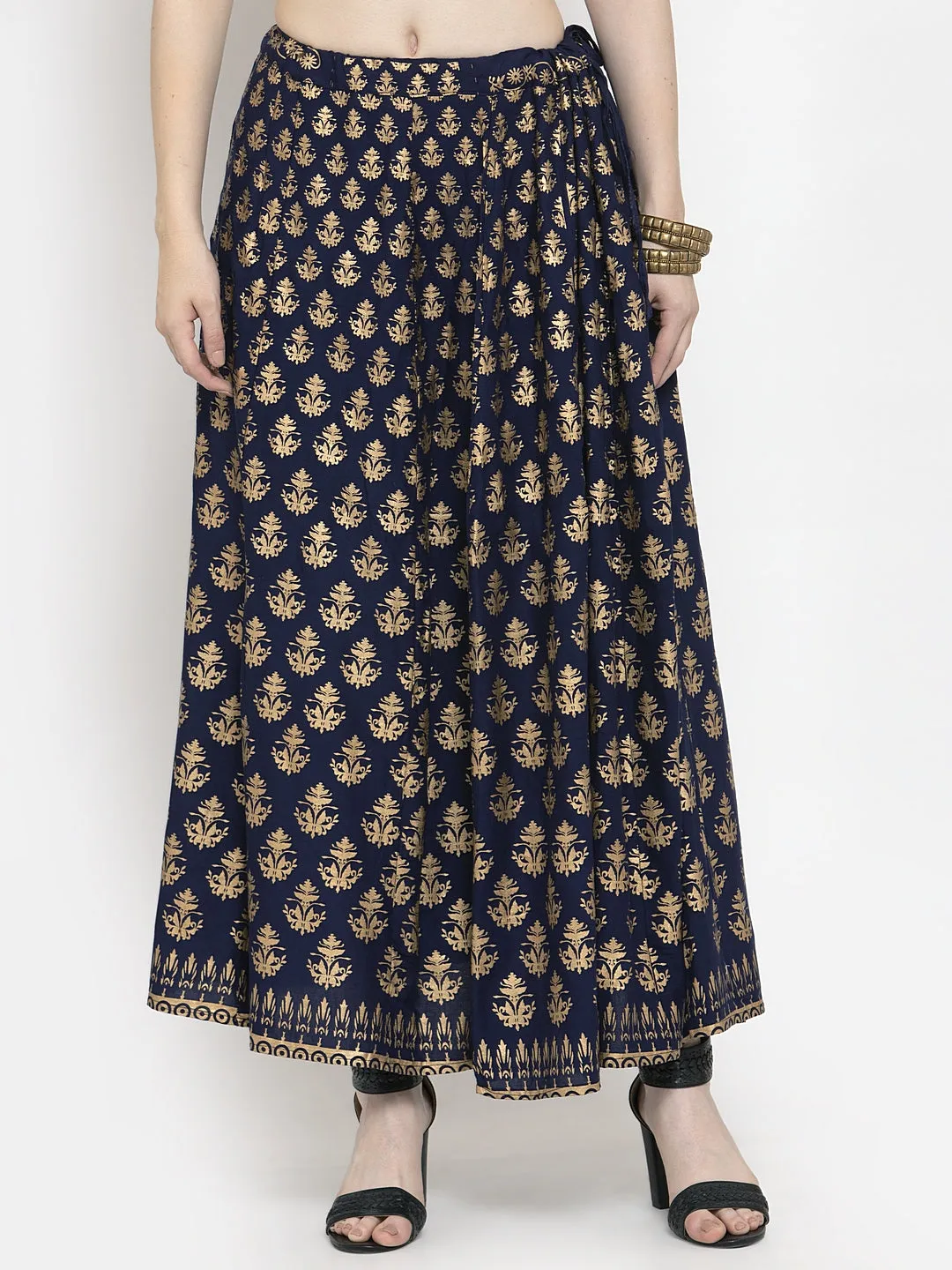 Women'S Navy Blue Floral Printed Rayon Skirt