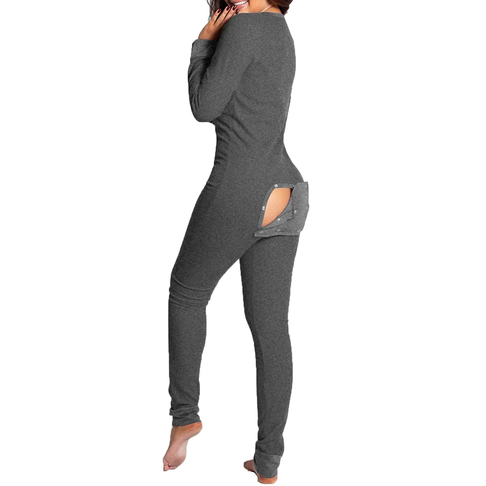 Women's Pajamas Onesies Sleepwear Button-down Front Sexy  Buttoned Flap Pijama V-neck Long Sleeve Jumpsuit Female Home Clothes