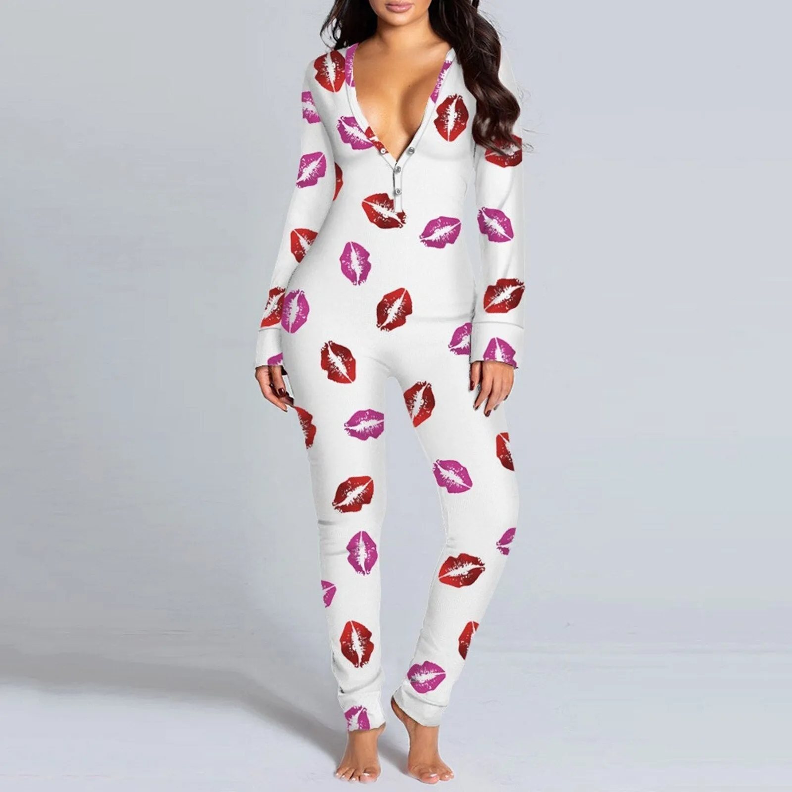 Women's Pajamas Onesies Sleepwear Button-down Front Sexy  Buttoned Flap Pijama V-neck Long Sleeve Jumpsuit Female Home Clothes