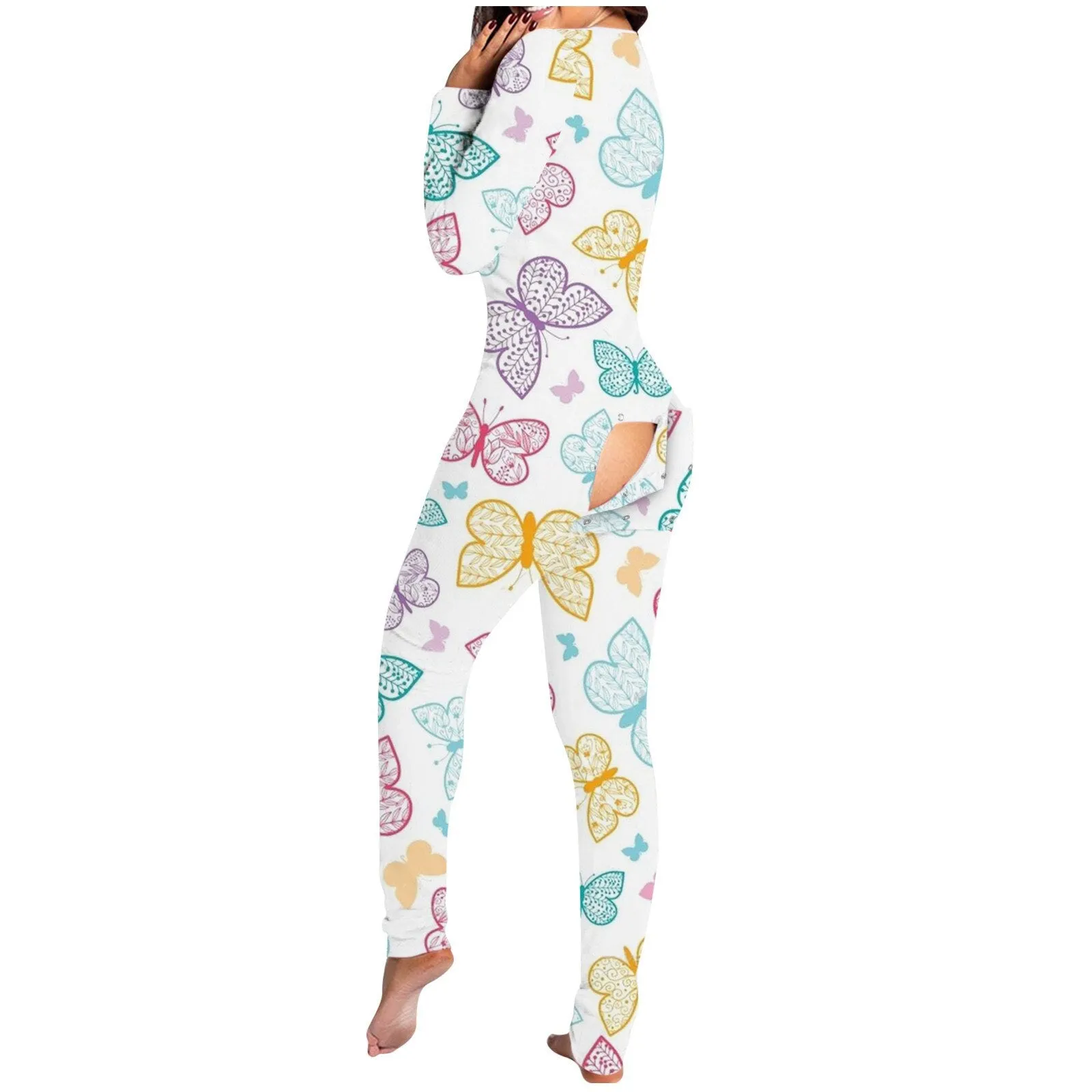 Women's Pajamas Onesies Sleepwear Button-down Front Sexy  Buttoned Flap Pijama V-neck Long Sleeve Jumpsuit Female Home Clothes