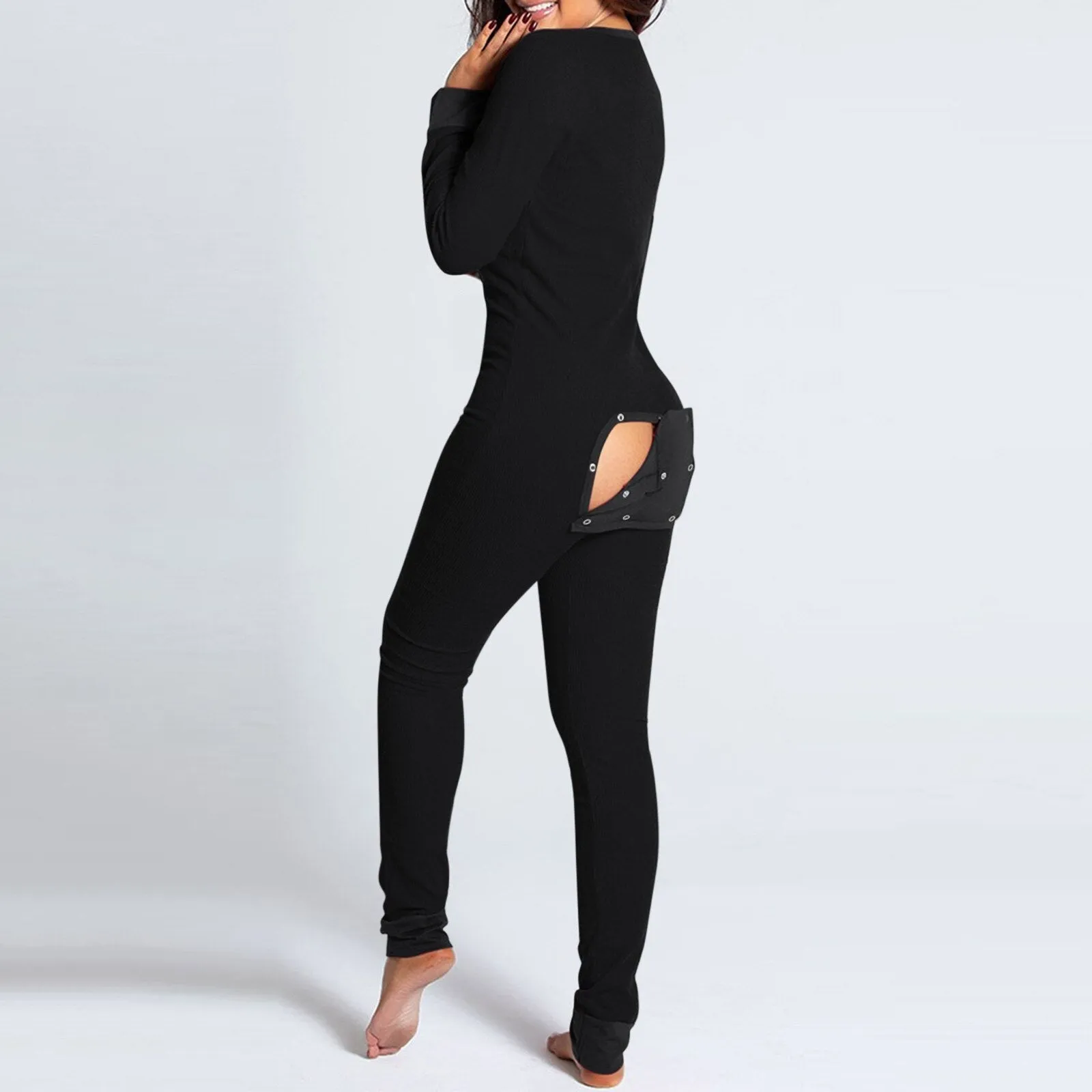 Women's Pajamas Onesies Sleepwear Button-down Front Sexy  Buttoned Flap Pijama V-neck Long Sleeve Jumpsuit Female Home Clothes