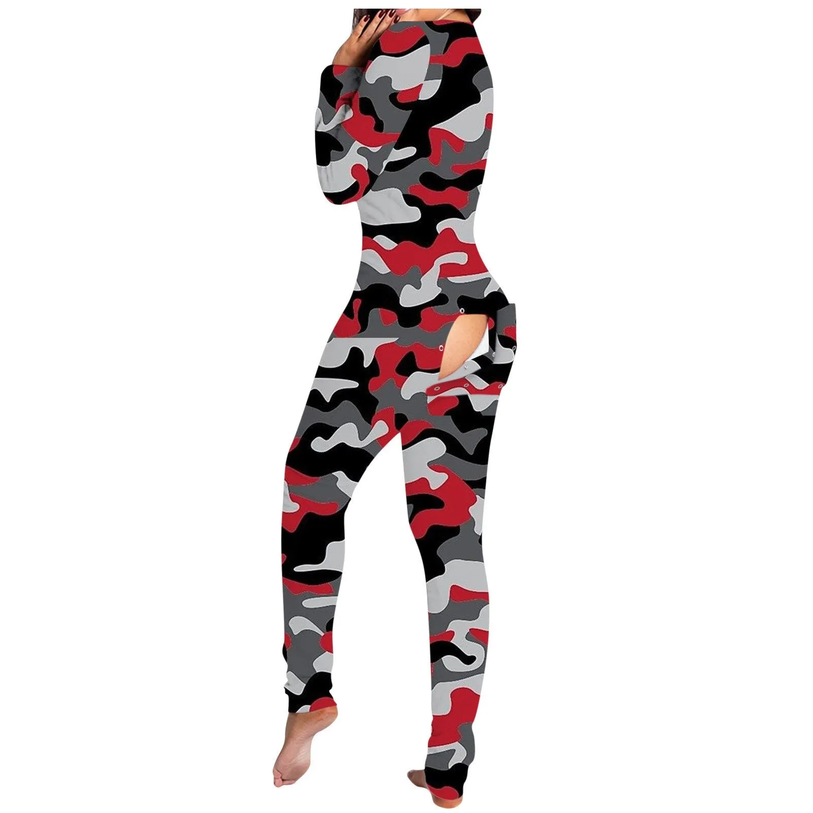 Women's Pajamas Onesies Sleepwear Button-down Front Sexy  Buttoned Flap Pijama V-neck Long Sleeve Jumpsuit Female Home Clothes