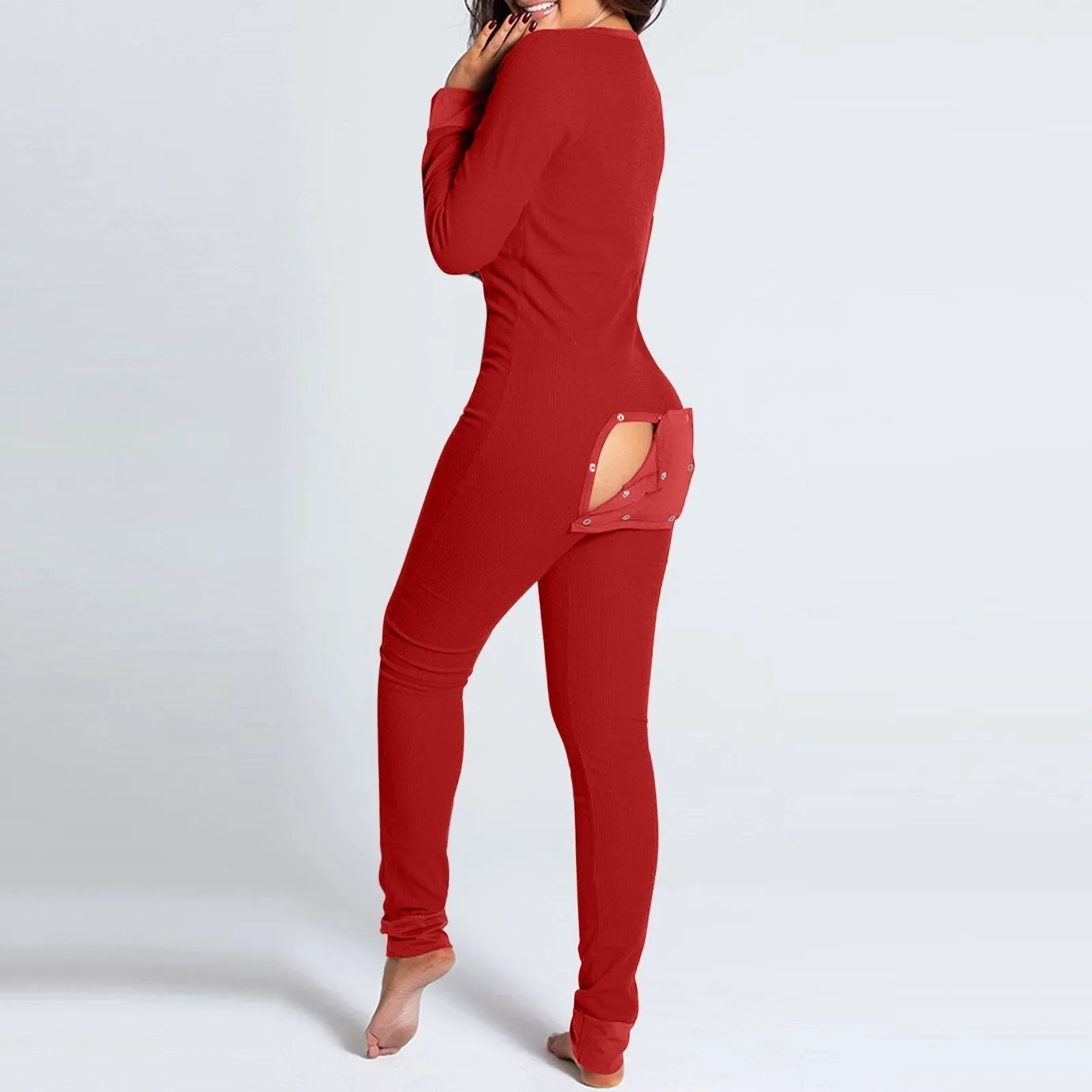 Women's Pajamas Onesies Sleepwear Button-down Front Sexy  Buttoned Flap Pijama V-neck Long Sleeve Jumpsuit Female Home Clothes