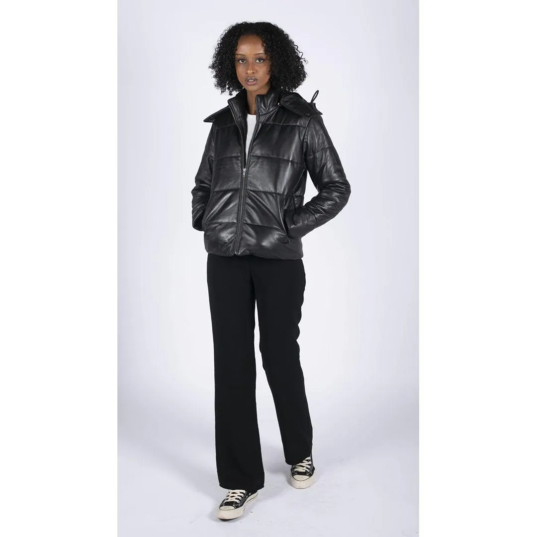 Womens Short Puffer Hood Jacket Real Leather Black Casual Retro 80s Classic