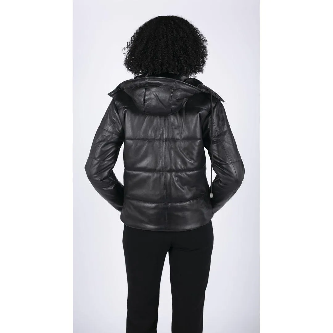 Womens Short Puffer Hood Jacket Real Leather Black Casual Retro 80s Classic