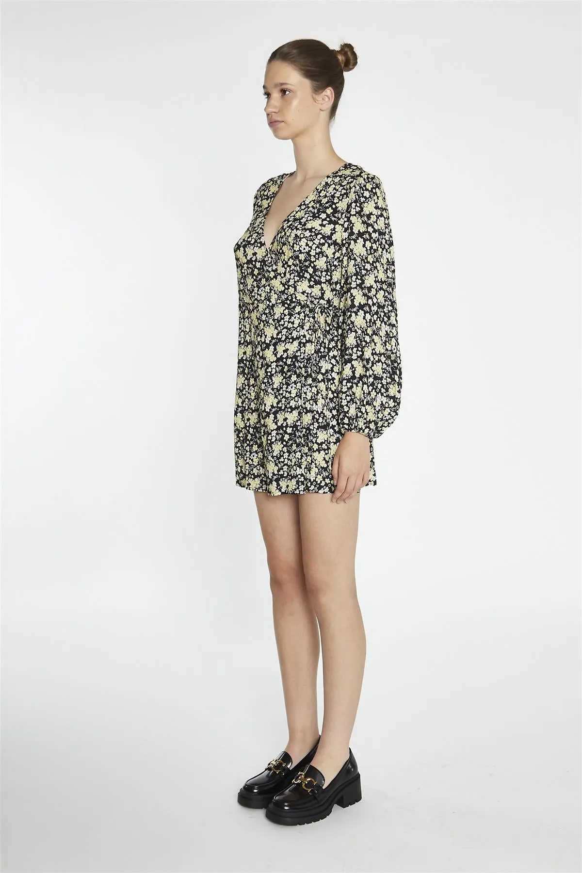 Yellow-Folk Floral Wrap Mini-Dress